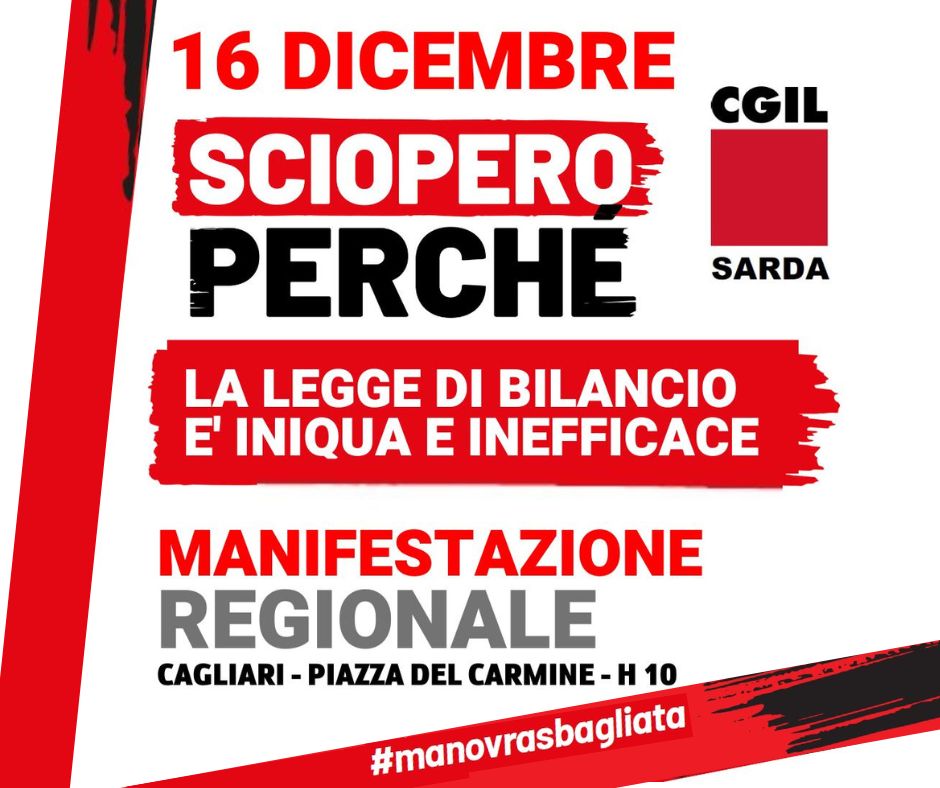 Manovra iniqua: il 16 dicembre la Sardegna in piazza a Cagliari per lo sciopero generale